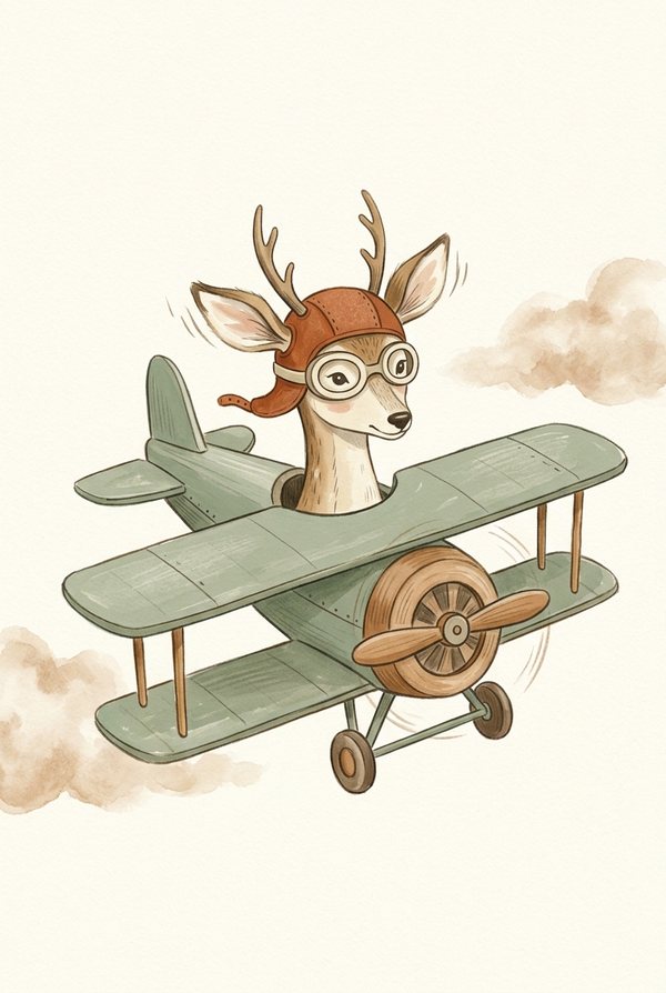 A deer in flying goggles piloting a sage green biplane through clouds