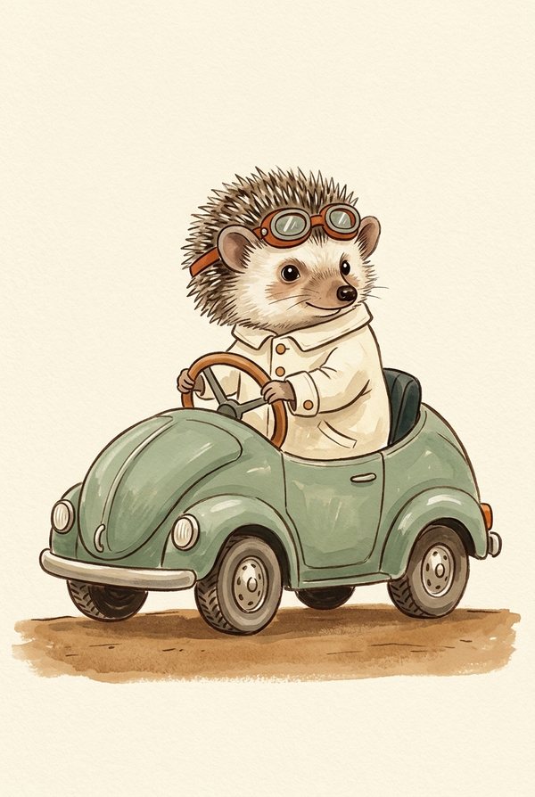 A hedgehog in driving goggles at the wheel of a small green car