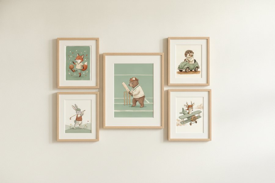 The five free sage green prints framed as an asymmetric gallery wall