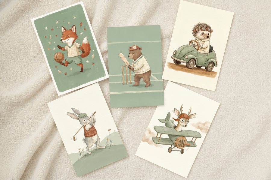The five free sage green prints laid out unframed on a cream blanket