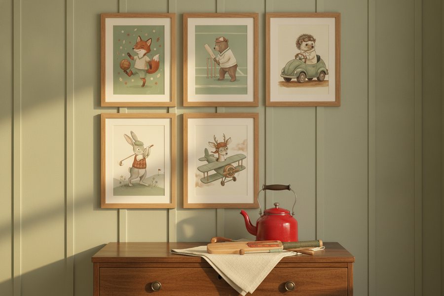 The five free sage green prints framed on a green panelled wall