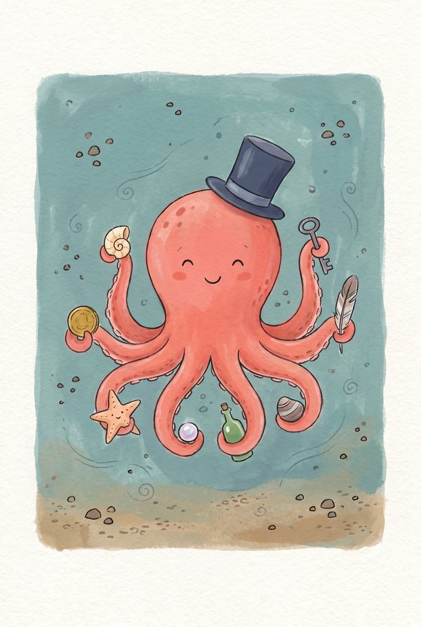 A coral-pink octopus wearing a top hat and monocle on the sandy seabed