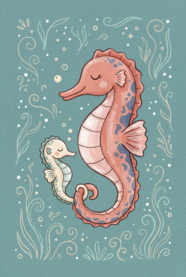 A pink seahorse with a tiny baby seahorse among curling seaweed
