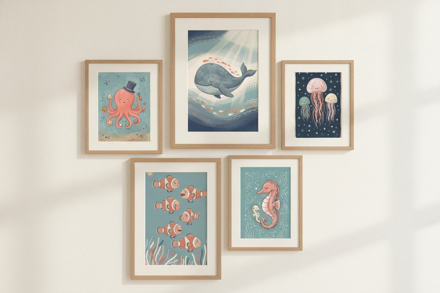 The five free sea life prints framed as an asymmetric gallery wall