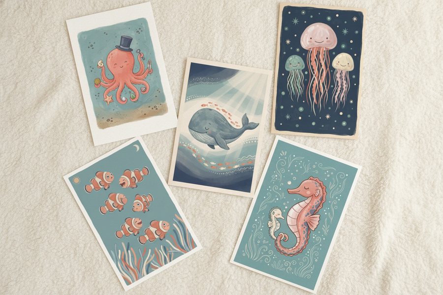 The five free sea life prints laid out unframed on a cream blanket