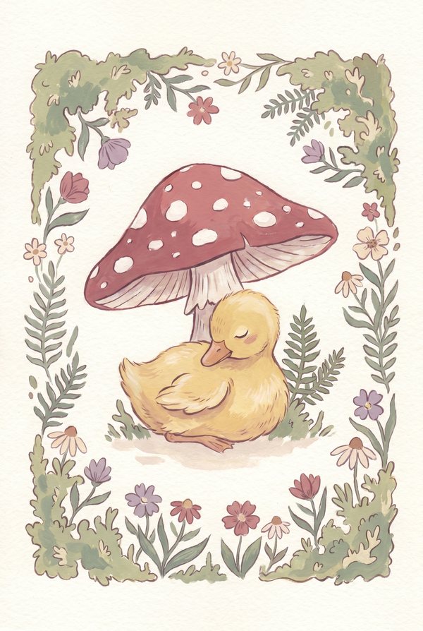 A yellow duckling asleep beneath a red toadstool in a leafy border