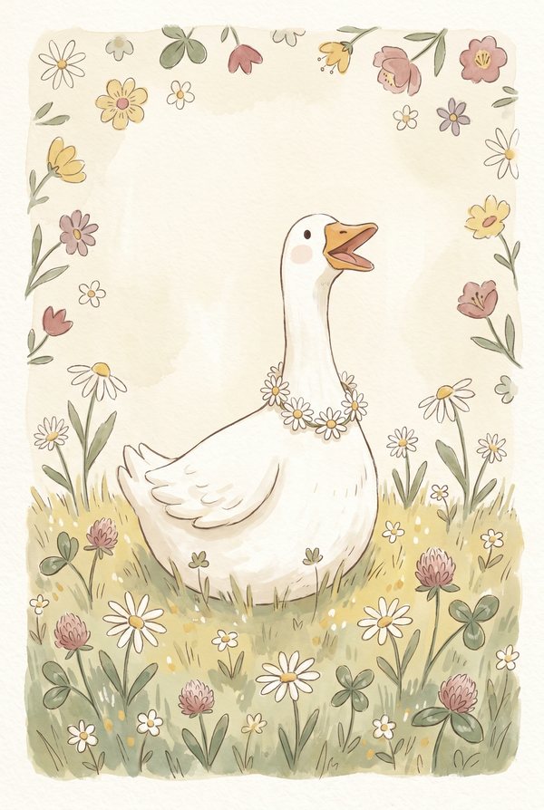 A white goose wearing a daisy chain, standing in a flowering meadow