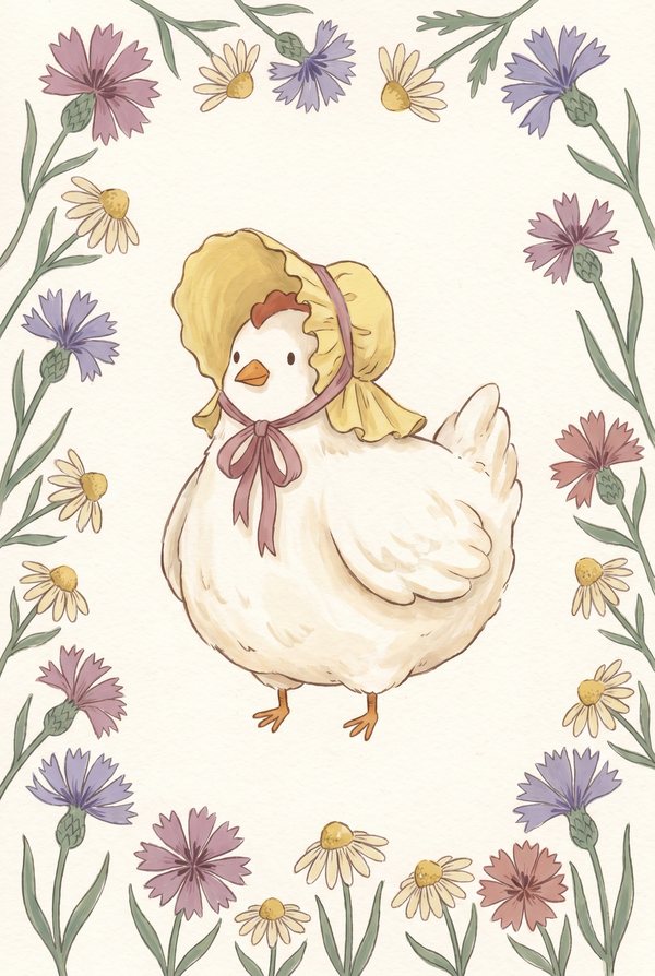A cream hen in a yellow bonnet inside a painted border of cornflowers