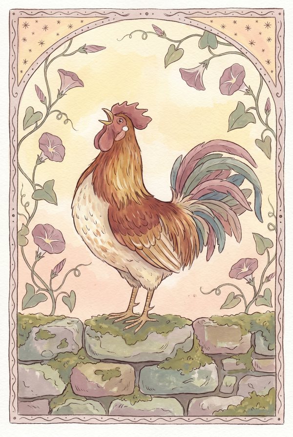 A rooster crowing on a mossy stone wall beneath a climbing vine arch