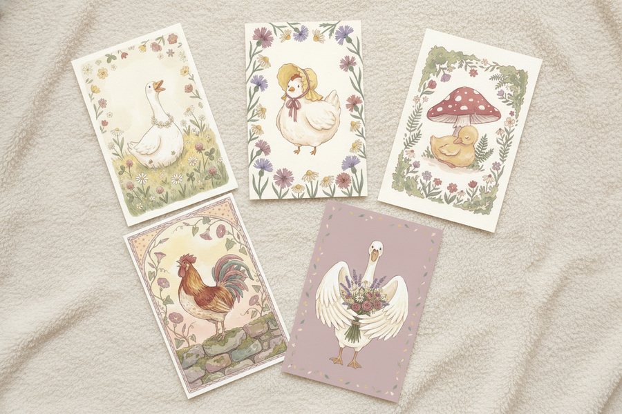 The five free silly goose prints laid out unframed on a cream blanket