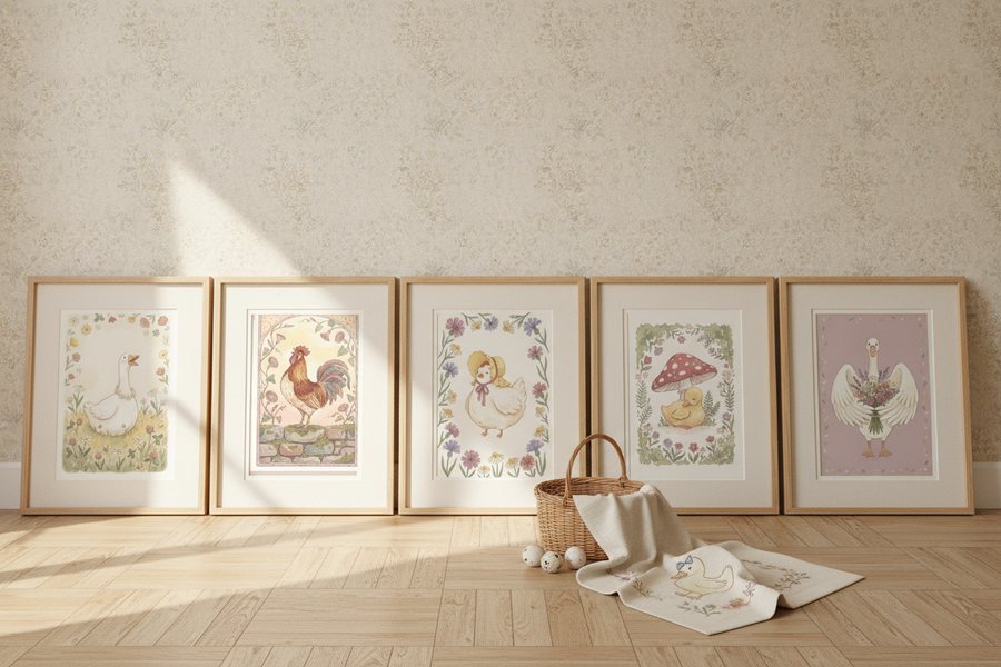The five free silly goose prints in frames leaning against a papered wall