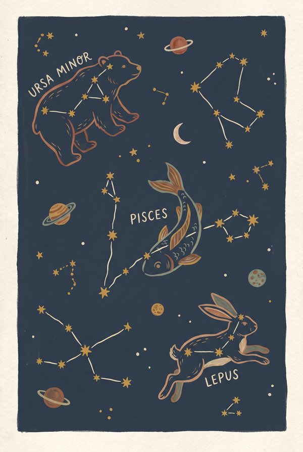 A gold constellation map on navy showing Ursa Major, Pisces and Lepus
