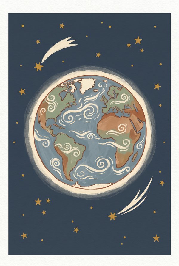 The Earth painted in blue and green with a shooting star crossing the sky
