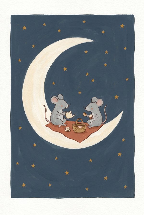 Two mice sharing a picnic on a crescent moon in a star-scattered sky