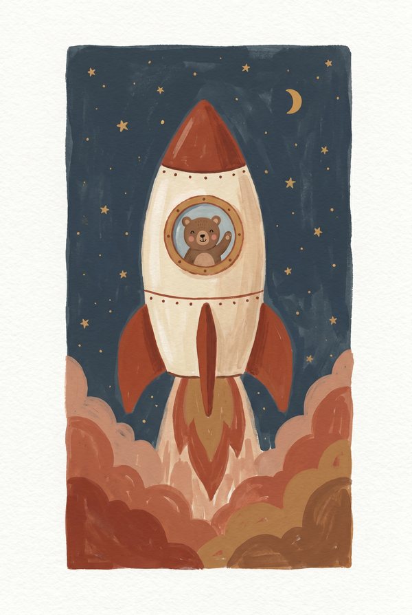 A bear looking out of a rocket porthole as it launches through rust-coloured clouds