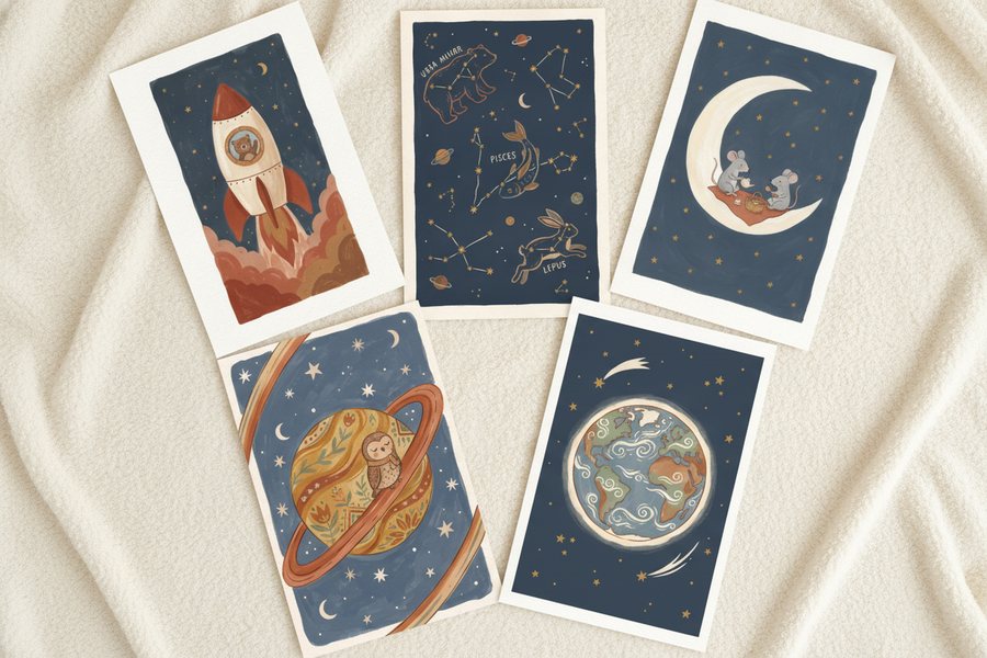 The five free space prints laid out unframed on a cream blanket