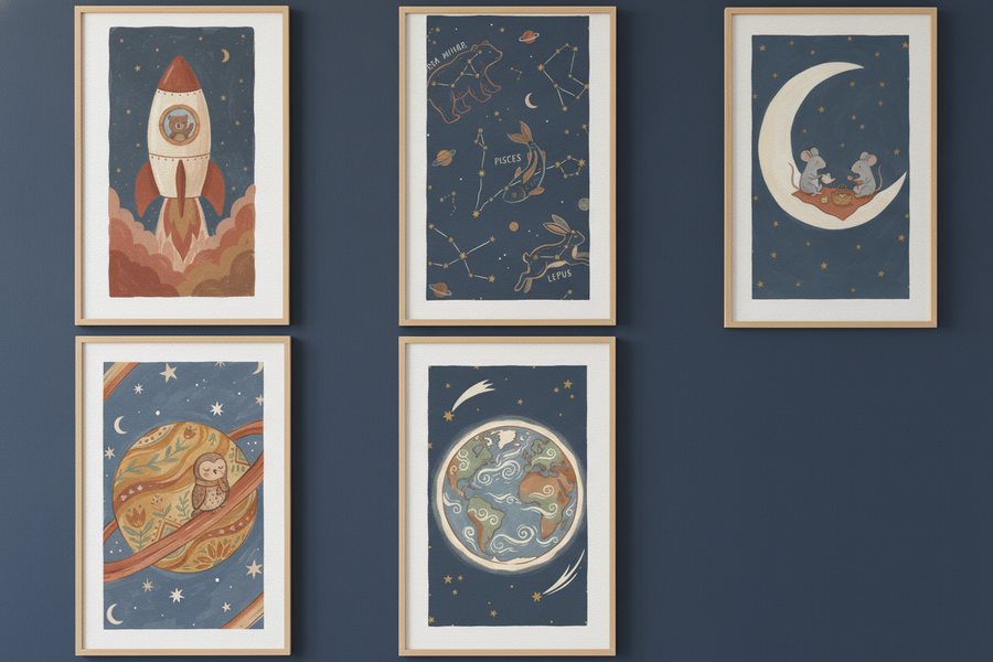 The five free space prints framed on a deep navy wall