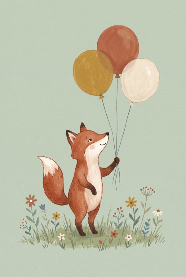 A fox holding three balloons in a flowering meadow on soft green