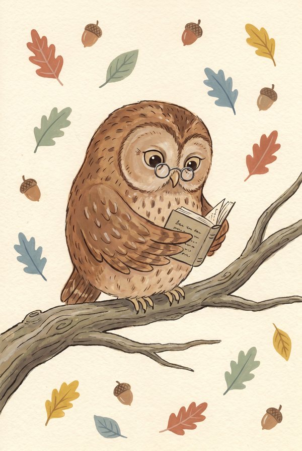 A tawny owl in spectacles reading a book on a branch among autumn leaves