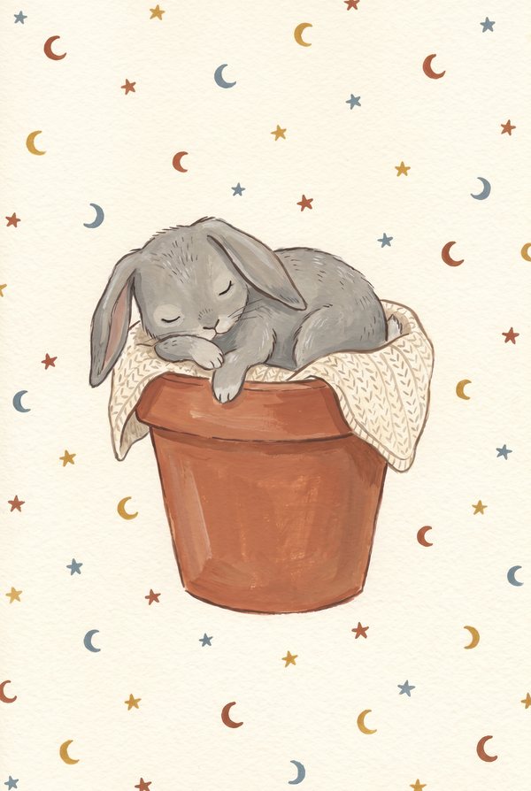 A grey rabbit asleep in a terracotta flowerpot under painted stars and moons