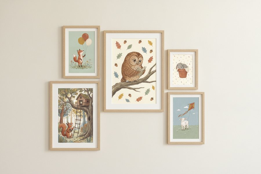 The five free storybook prints framed as an asymmetric gallery wall