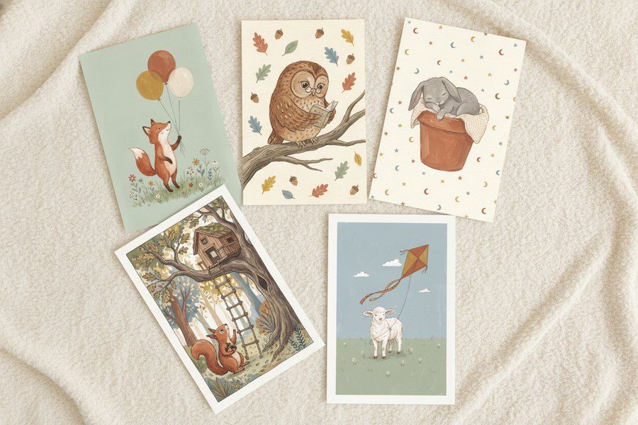 The five free storybook prints laid out unframed on a cream blanket