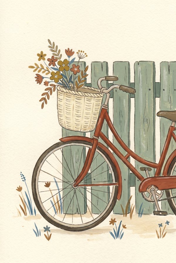 A red bicycle with a basket of wildflowers leaning against a sage fence