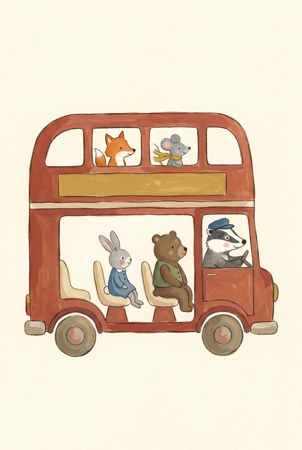 A red double decker bus carrying a rabbit, a bear and a badger