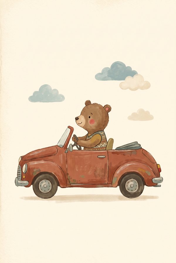 A bear driving a red open-top car under small painted clouds