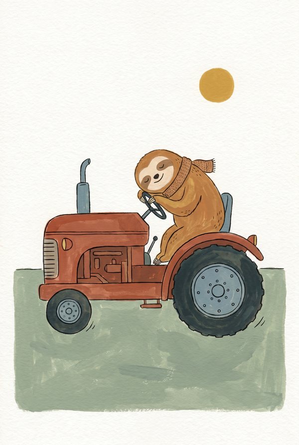 A sloth driving a red tractor across a green field under a gold sun