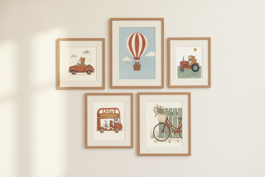 The five free transport prints framed as an asymmetric gallery wall