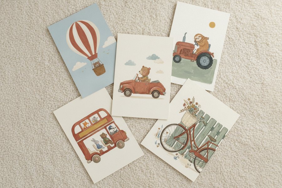 The five free transport prints laid out unframed on a cream carpet
