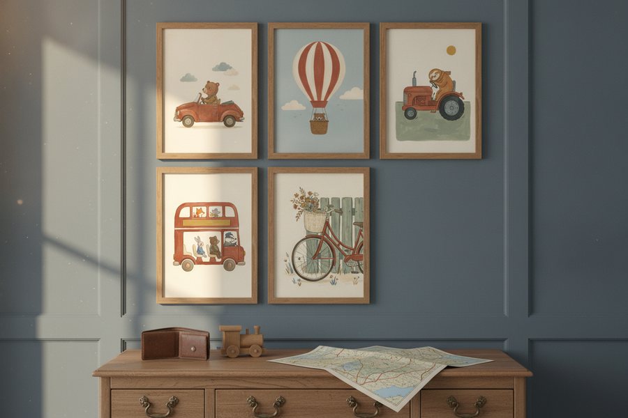 The five free transport prints framed on a deep blue panelled wall