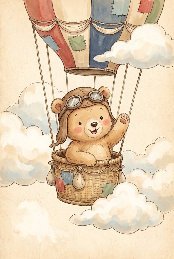 A bear in flying goggles waving from the basket of a striped hot air balloon