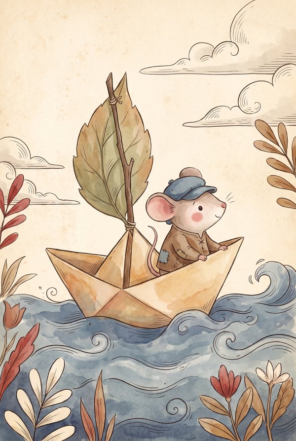 A mouse in a sailor's cap steering a folded paper boat across blue waves
