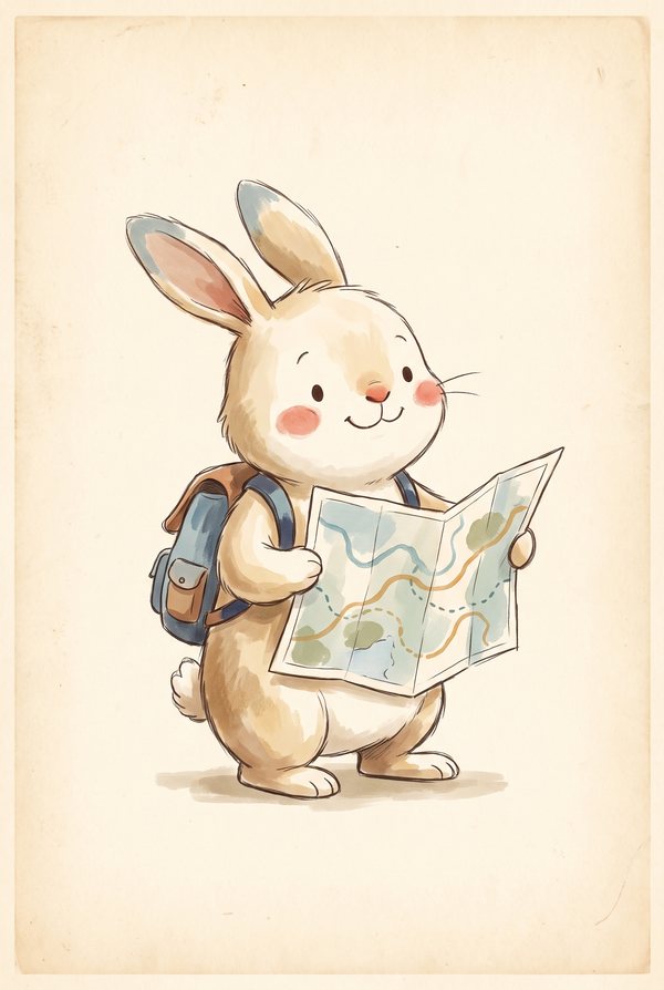 A bunny with a rucksack studying an open map on a cream background
