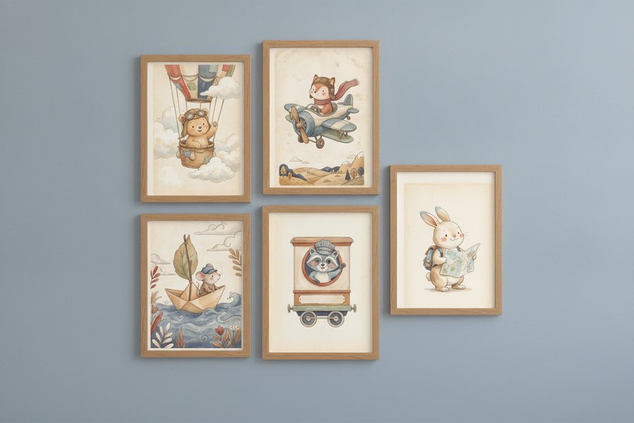 The five free travel prints framed on a dusty blue wall