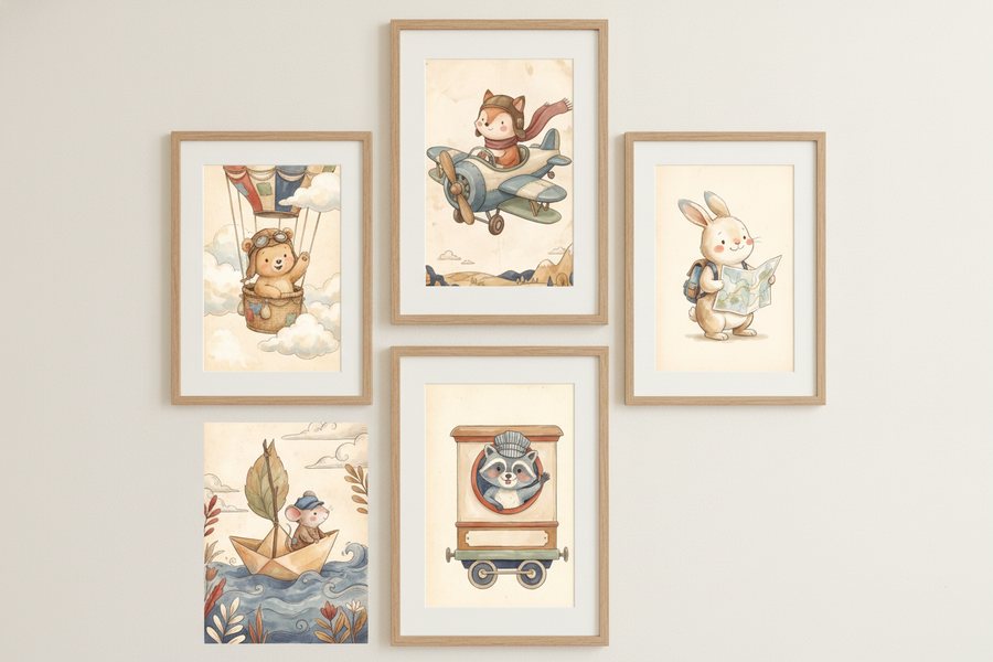 The five free travel prints framed as a gallery wall on cream