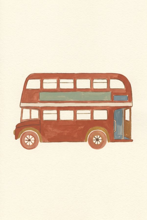 A red double decker bus in side profile on a cream background