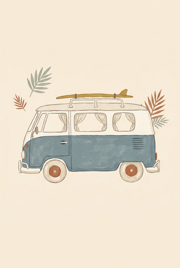 A blue and cream camper van with a surfboard on the roof rack