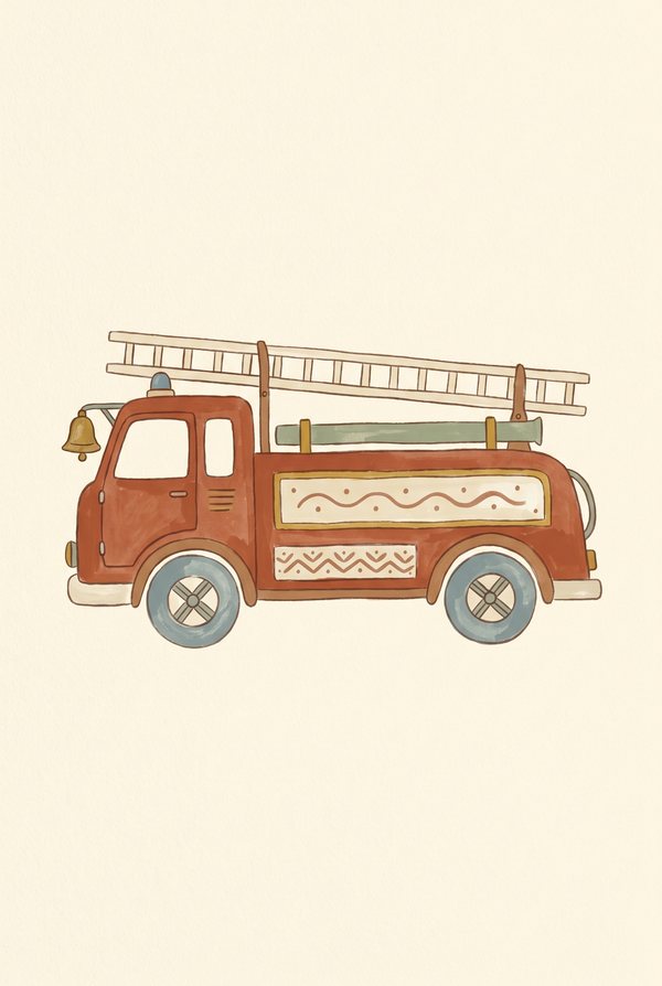 A red vintage fire engine with a wooden ladder on a cream background