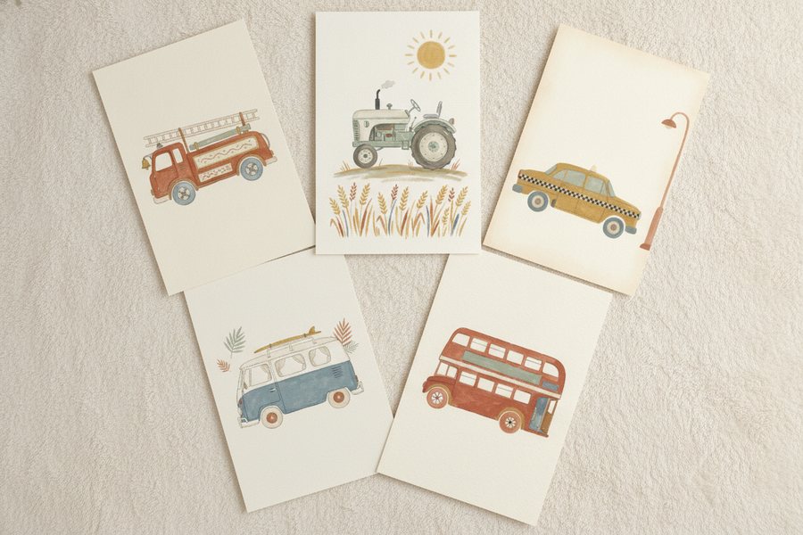 The five free vehicle prints laid out unframed on a cream blanket
