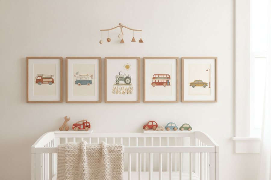 The five free vehicle prints framed in a row above a white cot
