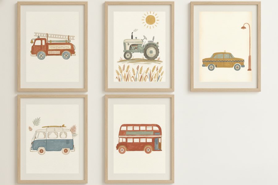 The five free vehicle prints framed in a loose grid on a white wall