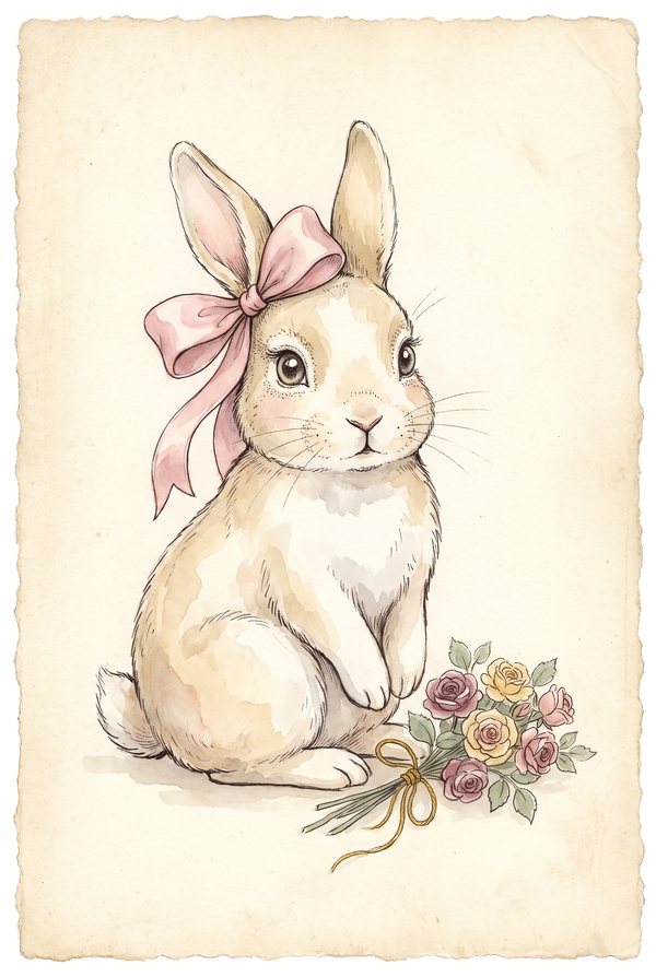 A cream bunny wearing a pink bow beside a small posy of roses