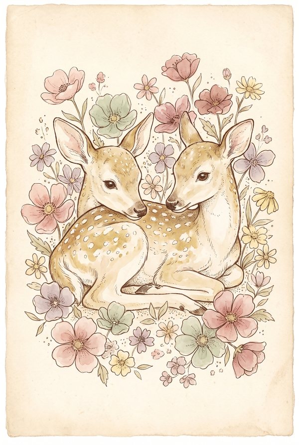 Two spotted fawns curled together inside a ring of pastel blossoms