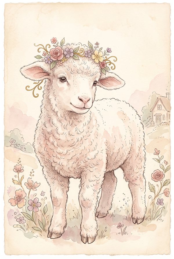A lamb in a rose crown standing in a meadow before a distant cottage