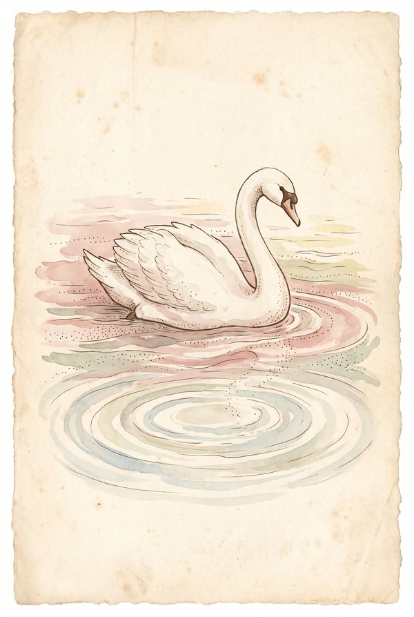 A white swan gliding across still water leaving soft ripples behind