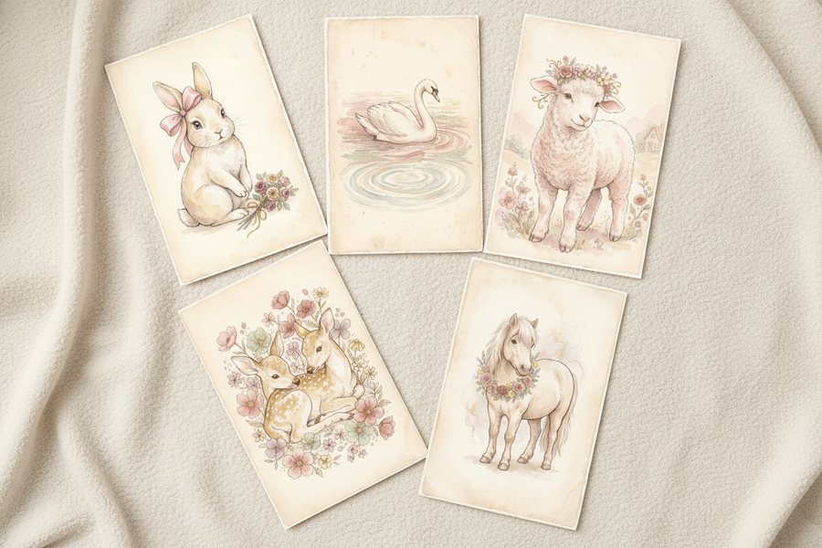 The five free vintage prints laid out unframed on a cream blanket