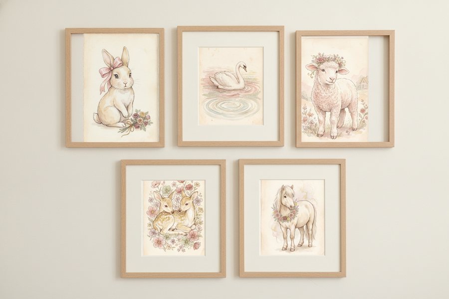The five free vintage prints framed in a loose grid on a cream wall